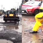 भर पावसात वाहतूक पोलिसांचा पुढाकार; उल्हासनगरात राधास्वामी सत्संग चौकातील जीवघेणे खड्डे बुजवून वाहनचालकांना दिलासा